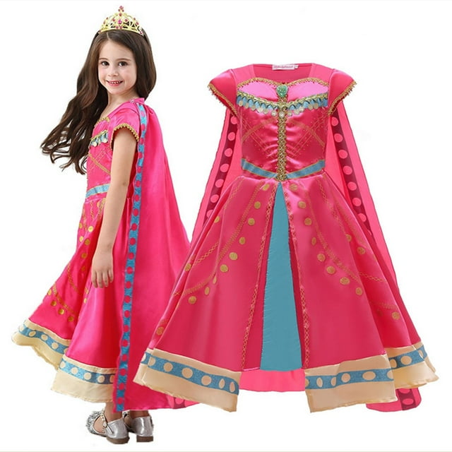 HAWEE Robe de Princesse Aladdin pour Filles Jasmine Costume d'Halloween avec Cape Chic Rouge Vêtements Traditionnels