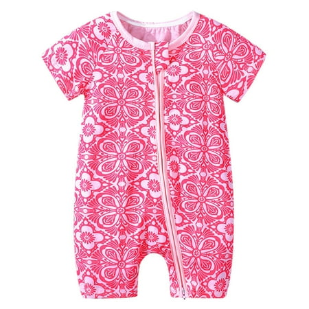 Newborn Girls Bodysuit Infant Boys Outfits Summer Zipper Short Sleeved Double Crawl Suit Floral Printed Crew Neck Casual Children Boy Jumpsuits Girl Cloth for 3-6 M