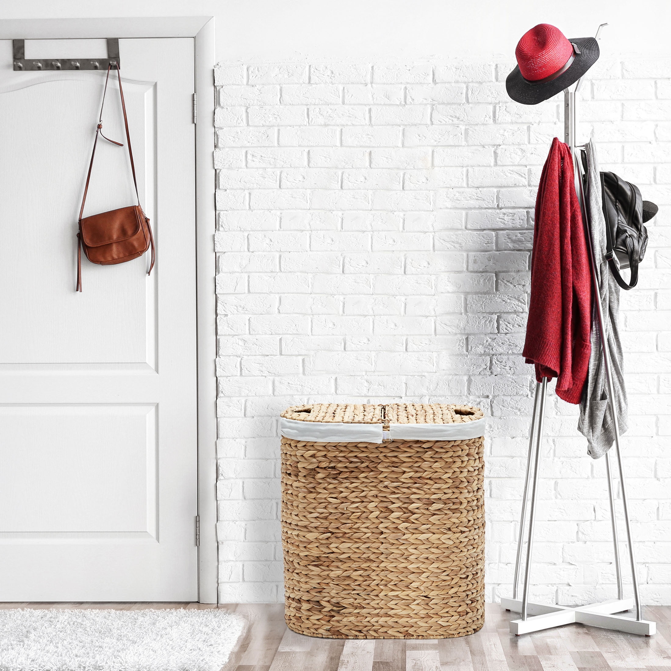 Seville Classics Premium Handwoven Portable Laundry Bin Basket with Carrying Handles, Household Storage for Clothes, Linens, Sheets, Toys, Water Hyacinth, Oval Hamper