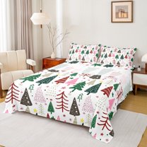 jejeloiu Colorful Xmas Tree Bed Sheets,Merry Christmas King Sheets,Happy New Year Sheet Set For Girls Boys,Reathable Home Decor,4-Piece