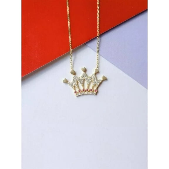 Round Cut Lab Created Diamond & Ruby Crown Pendant - 14K Yellow Gold Plated
