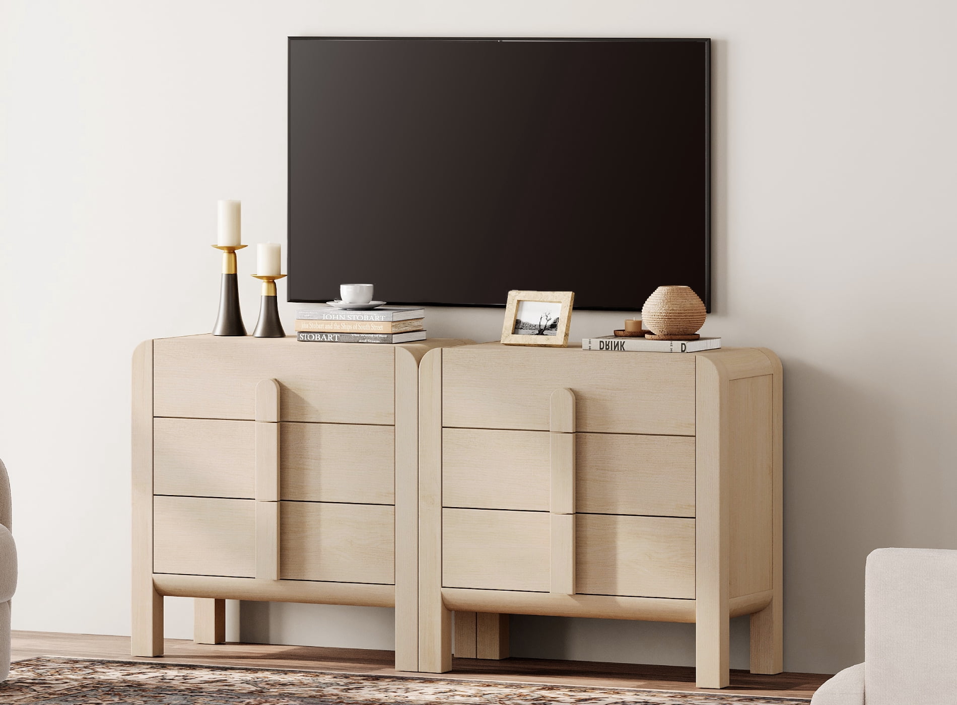 3 Drawer Curved Dresser for Bedroom Set of 2, Mid Century Modern Chest of Drawers, Wood Storage Dresser Organizer for Bedroom Living Room Hallway Closet