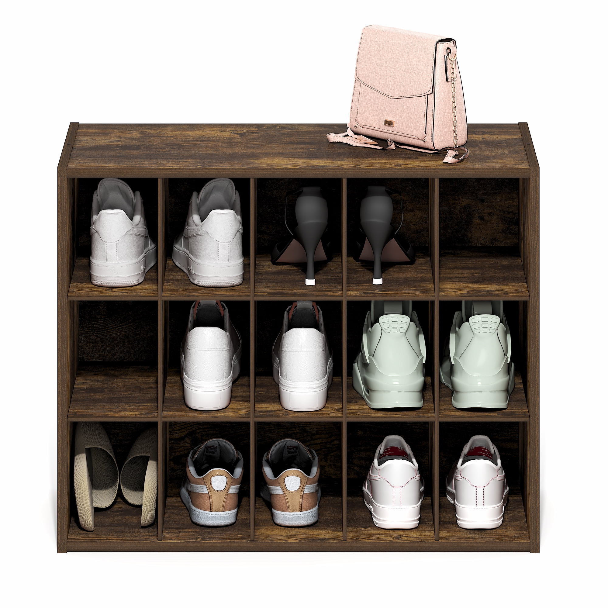 Furinno FANO 15-Cube Stackable Shoe Rack for Closet Entryway Amber Pine