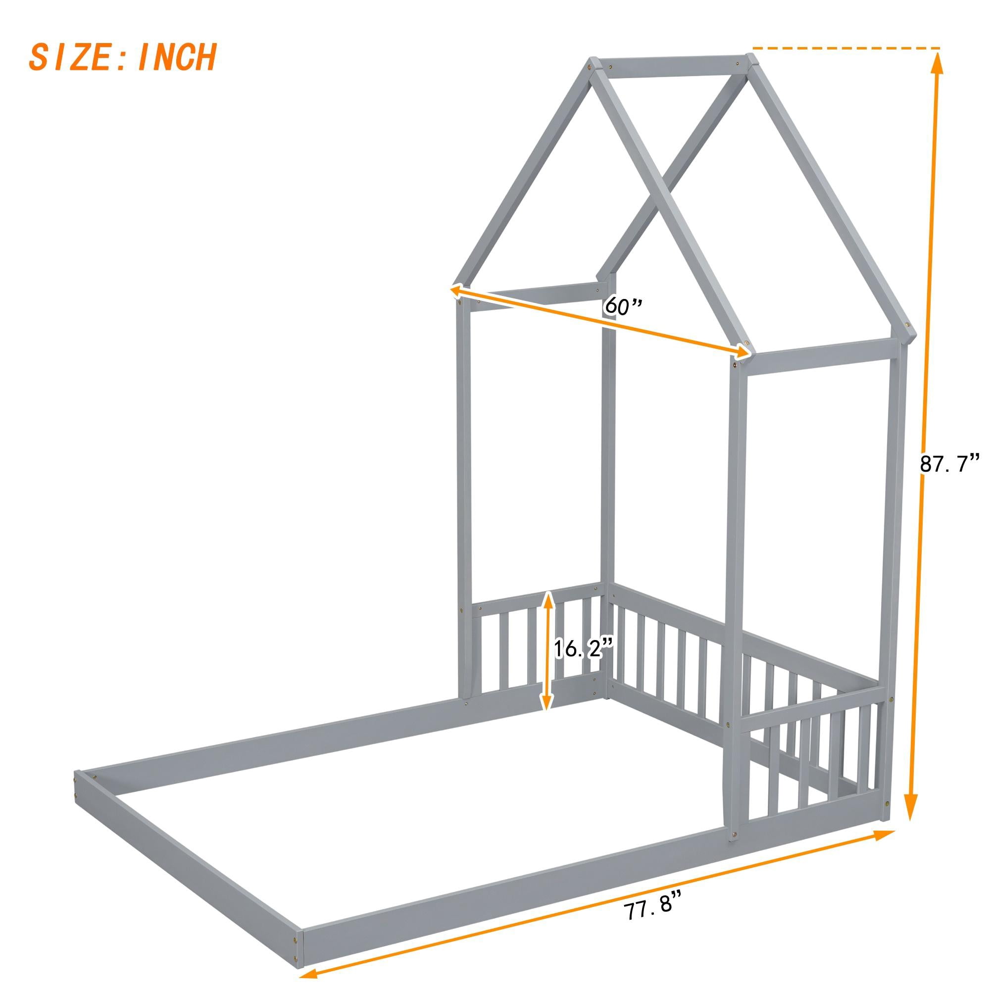 PORKISS Full Size Floor Bed for Kids, Wood Montessori Bed with House-shaped Roof, Grey
