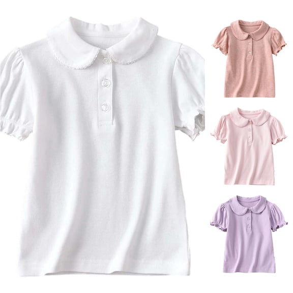 RMGVDSD Girls Short Sleeve Polo Shirts Ruffle Collared School Uniform Shirt Button Casual Tops Kids Summer Tees Comfortable Wear 7-8 Years