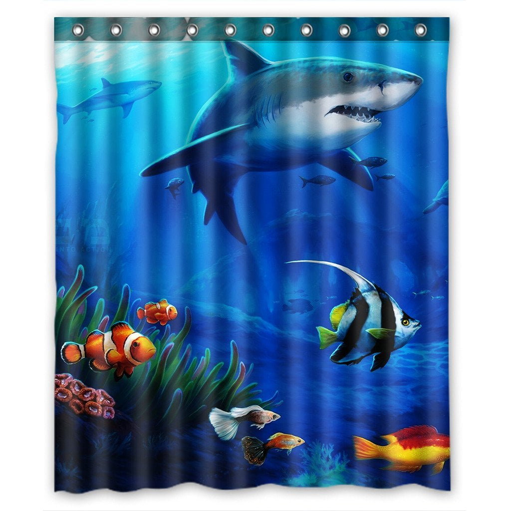 3D Shark in Ocean Shower Curtain Bathroom Waterproof Polyester Fabric 71inches 