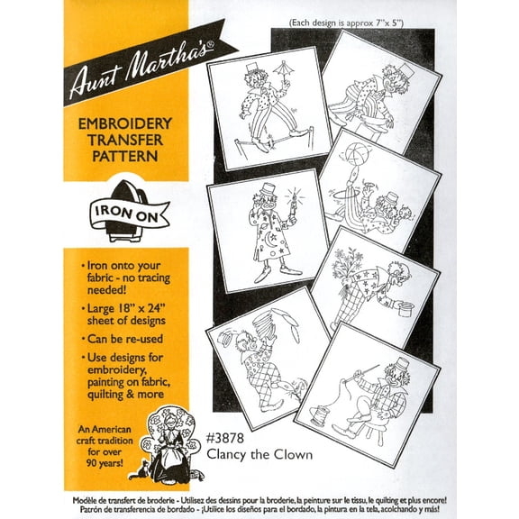 Aunt Martha's Clancy The Clown 3878 iron on embroidery pattern