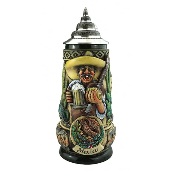 German Beer Stein Hispanic Themed Stein 0.5 liter tankard, beer mug, rustica, hand-painted, with pewter lid