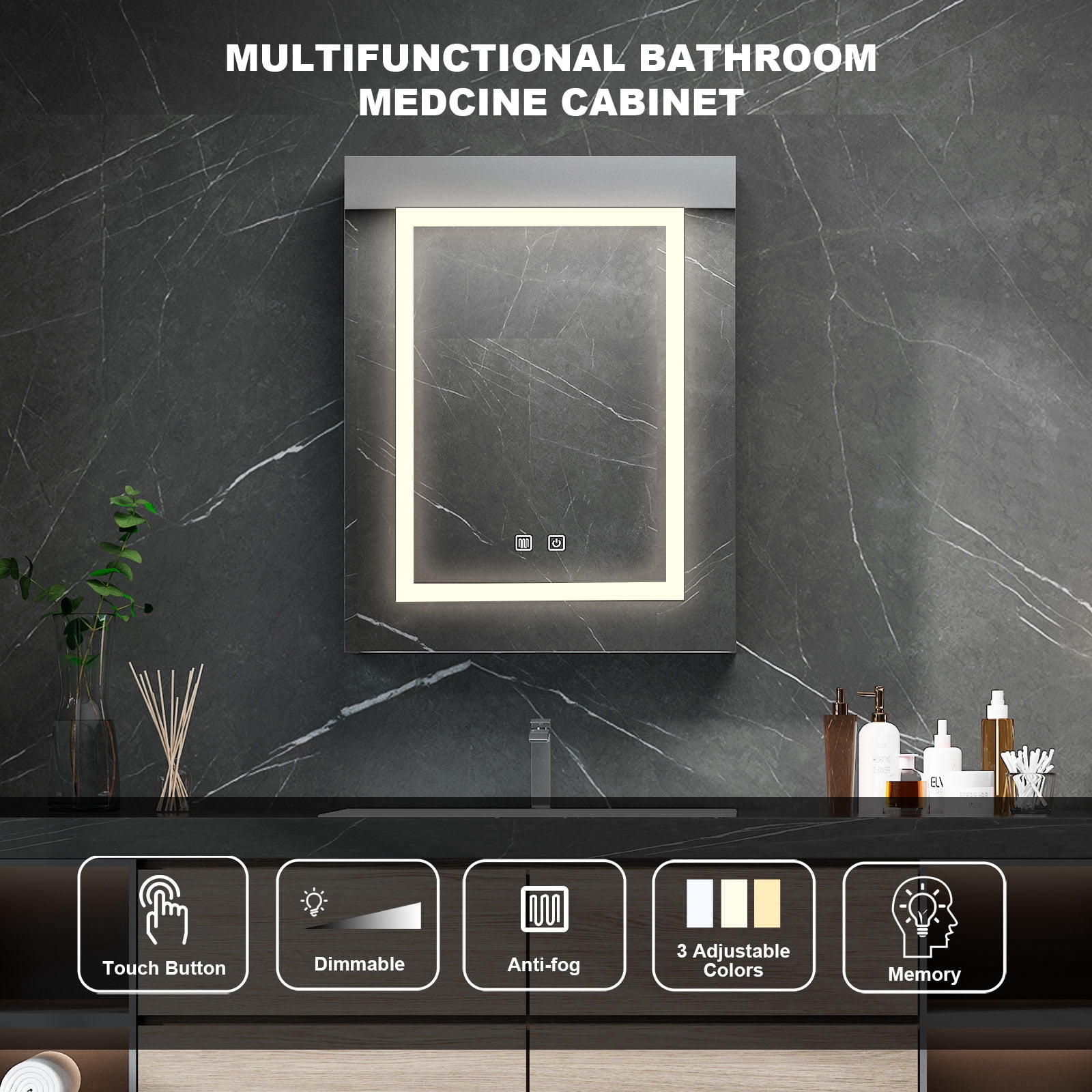 Hironpal LED Mirror Medicine Cabinet with Lights, 23.6"x 29.9" Wall-Mounted Bathroom Cabinet w/ Defogger, Dimmable, Memory function, Bathroom Mirror Cabinet,Black