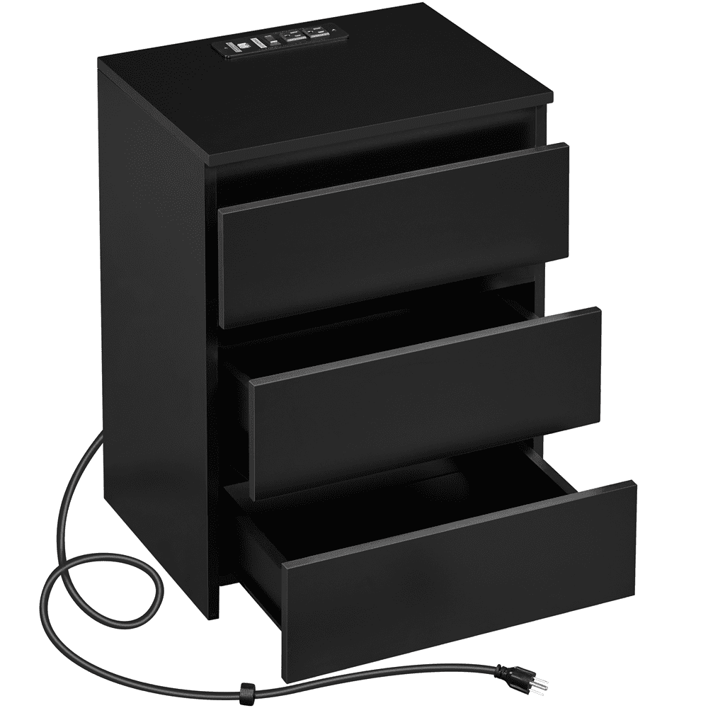 Renwick Minimalistic 3-Drawer Nightstand with Charging Station for Bedroom, Adults, Black