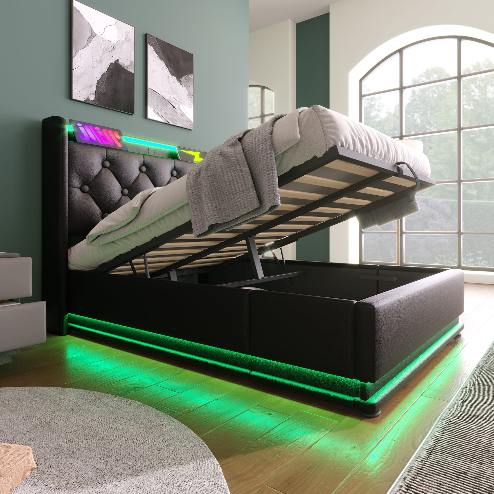 Euroco Upholstered Full Size Platform Bed with Hydraulic Storage, 360 Surround LED Light Linen Bed with USB Charging Station for Kids, Black
