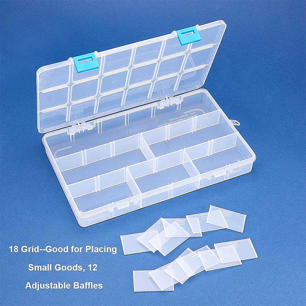 4 Pack 18 Grids Large Transparent Plastic Storage Box Bead Organizer with Adjustable Dividers for Jewelry Beads Tools Craft Accessories and