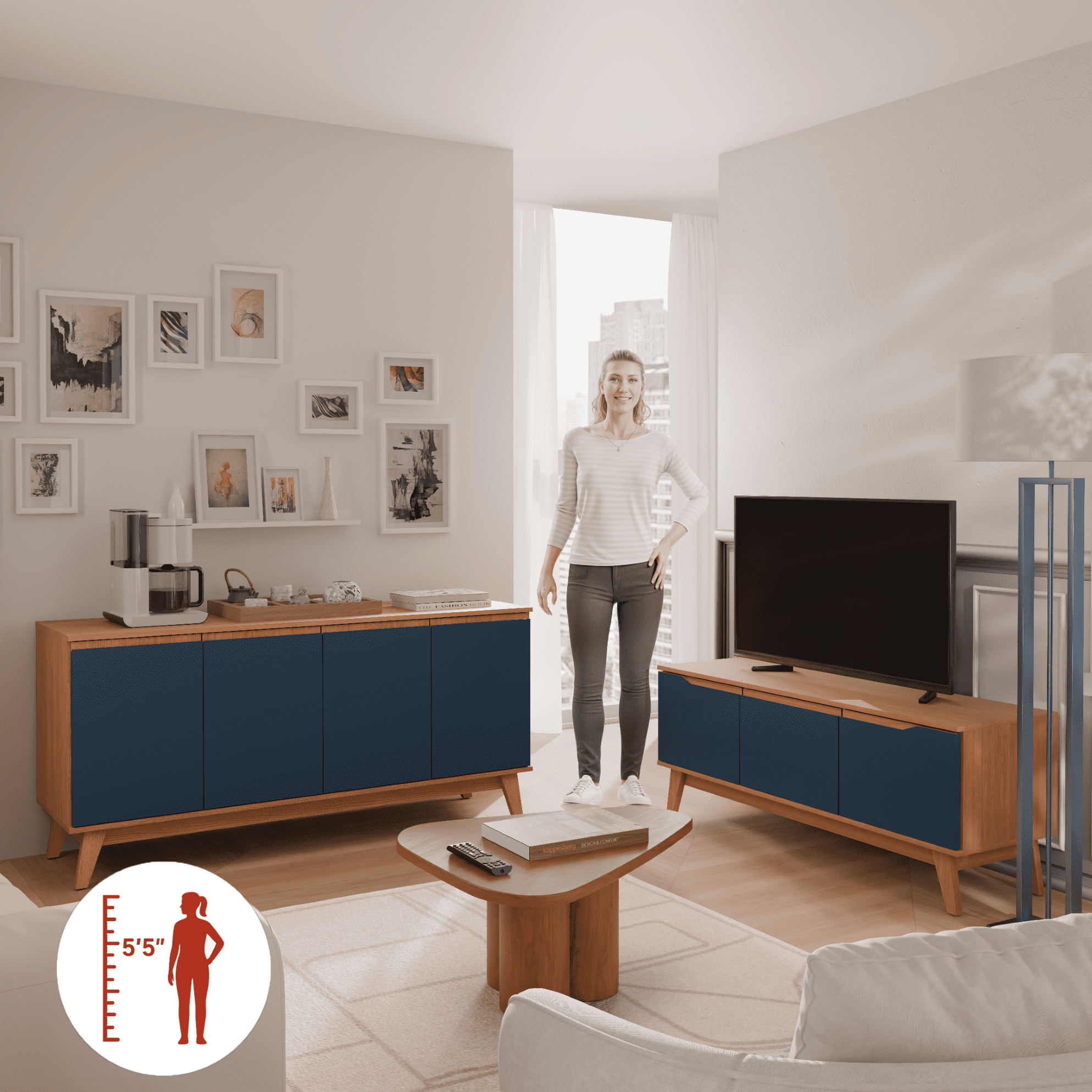 Kappesberg Living Room Furniture Set with 3-Door TV Stand and 4-Door Sideboard Golden Oak/Blue – Modern Storage Combo