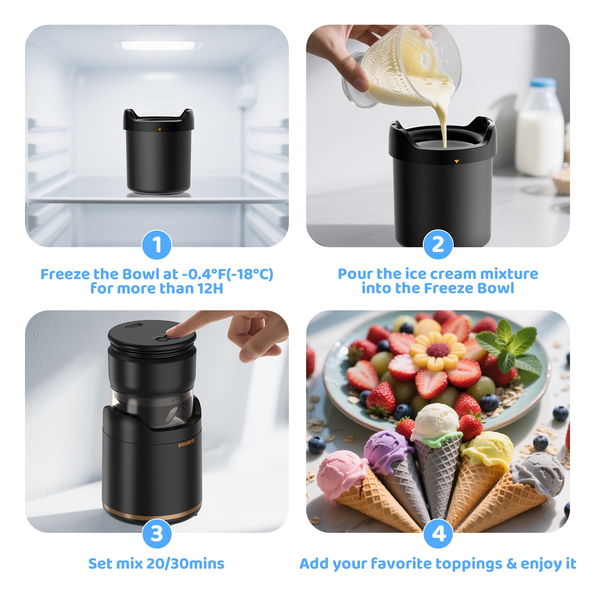 BRIOBITE Soft Serve Ice Cream Maker 0.5 Qt Rechargeable Mini Machine for Sorbet, Gelato, Frozen Yogurt Maker Black