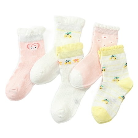 

rygai 5 Pairs Breathable Mesh Wear-resistant Thin Baby Socks Cartoon Print Mid-Tube Girls Ankle Socks for Indoor Yellow