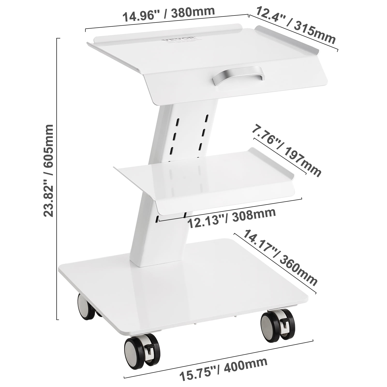 VEVOR Lab Trolley, 3-Layer Rolling Lab Cart, Metal Mobile Trolley with Swivel Wheels, Tray Rolling Clinic Cart 220 lbs Weight Capacity, for Lab, Clinic, Beauty and Salon