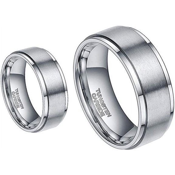Ring for Men and Ring for Women His & Her's 8mm/6mm Brushed Center Step Edge Tungsten Carbide Wedding Band Ring Set