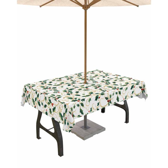 Fsddascl Christmas Botanical Outdoor Tablecloth - 54x80 Inch Rectangle Dining Table Cover, Green Xmas Leaf Berry Waterproof Outdoor Table Cloth with Umbrella Hole & Zipper for Picnic/Patio/Party