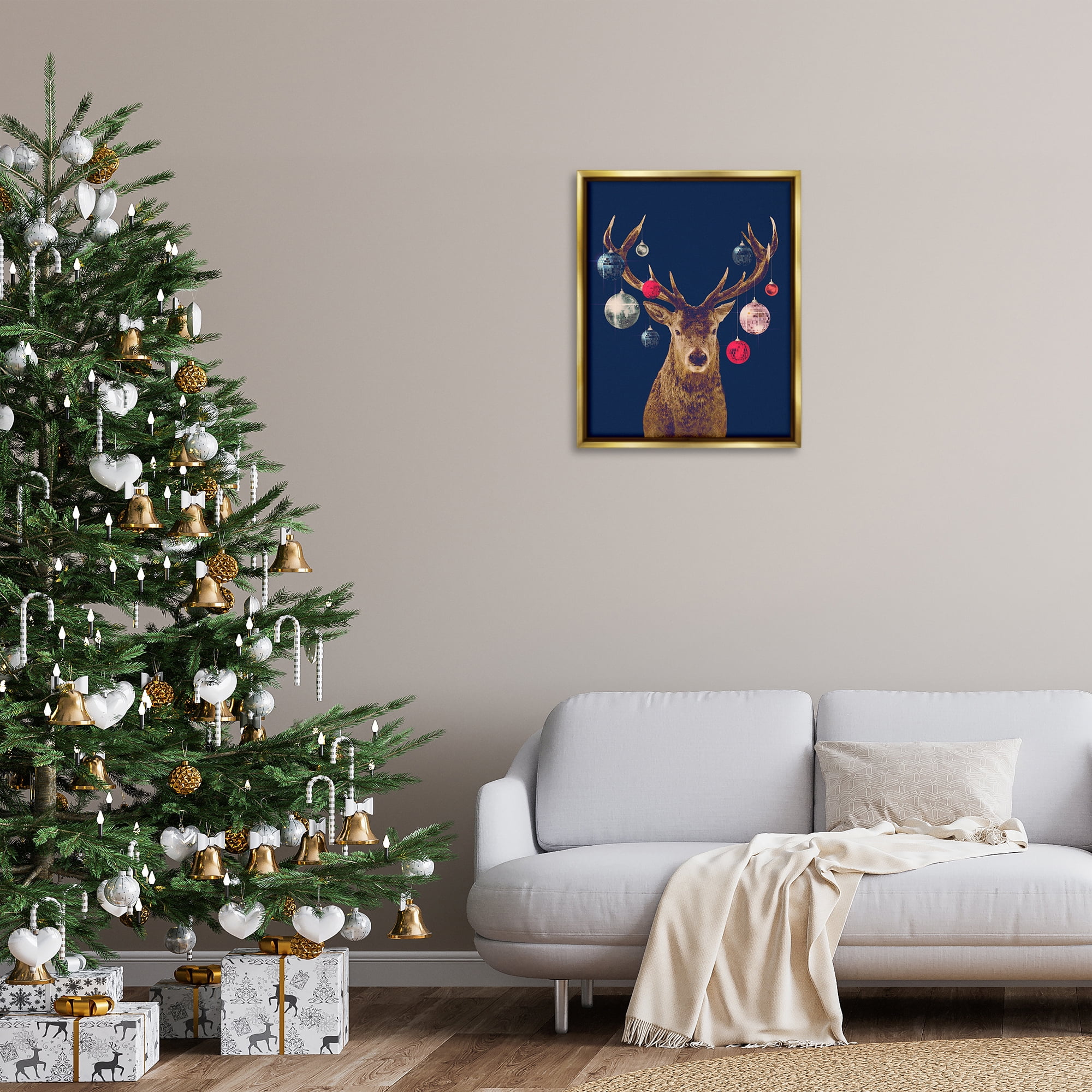 Stupell Industries Deer & Shining Ornaments Holiday Painting Gold Floater Framed Art Print Wall Art, 25 x 31
