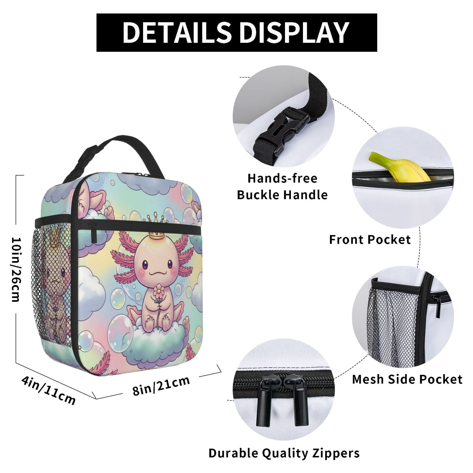Lunch Bag For Women Men Insulated Portable Lunch Box Bento Box Office Picnic Travel Cooler Bag Cute Axolotl 2