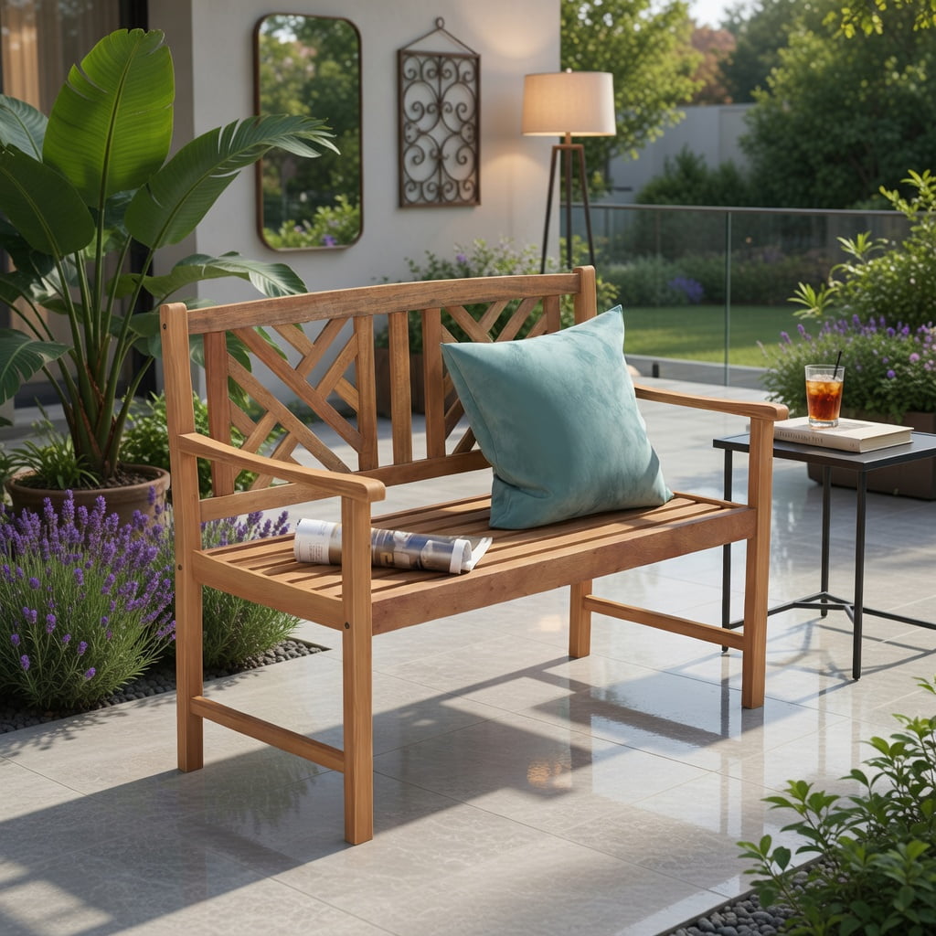 Hommoo Acacia Wood 2-Person Outdoor Bench with Ergonomic Armrests & Slatted Backrest, Garden Patio Bench for Backyard, Porch, Deck, Brown