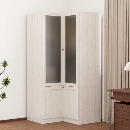 Wiawg L-Shape Wardrobe Armoire Closet with Hanging Rod & Shelf, Bedroom Armoire with Frosted Glass Doors,36”D x 36”W x 70.9”