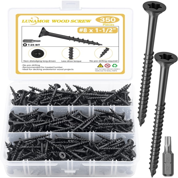 Deck Screws, #8x1-1/2 Heavy Duty Exterior Wood Screws, 350PCS Torx/Star Drive Head Deck Screw, Rust Resistant epoxy Coated, Outdoor Decking Screws, T25 Star Bit Included, Black