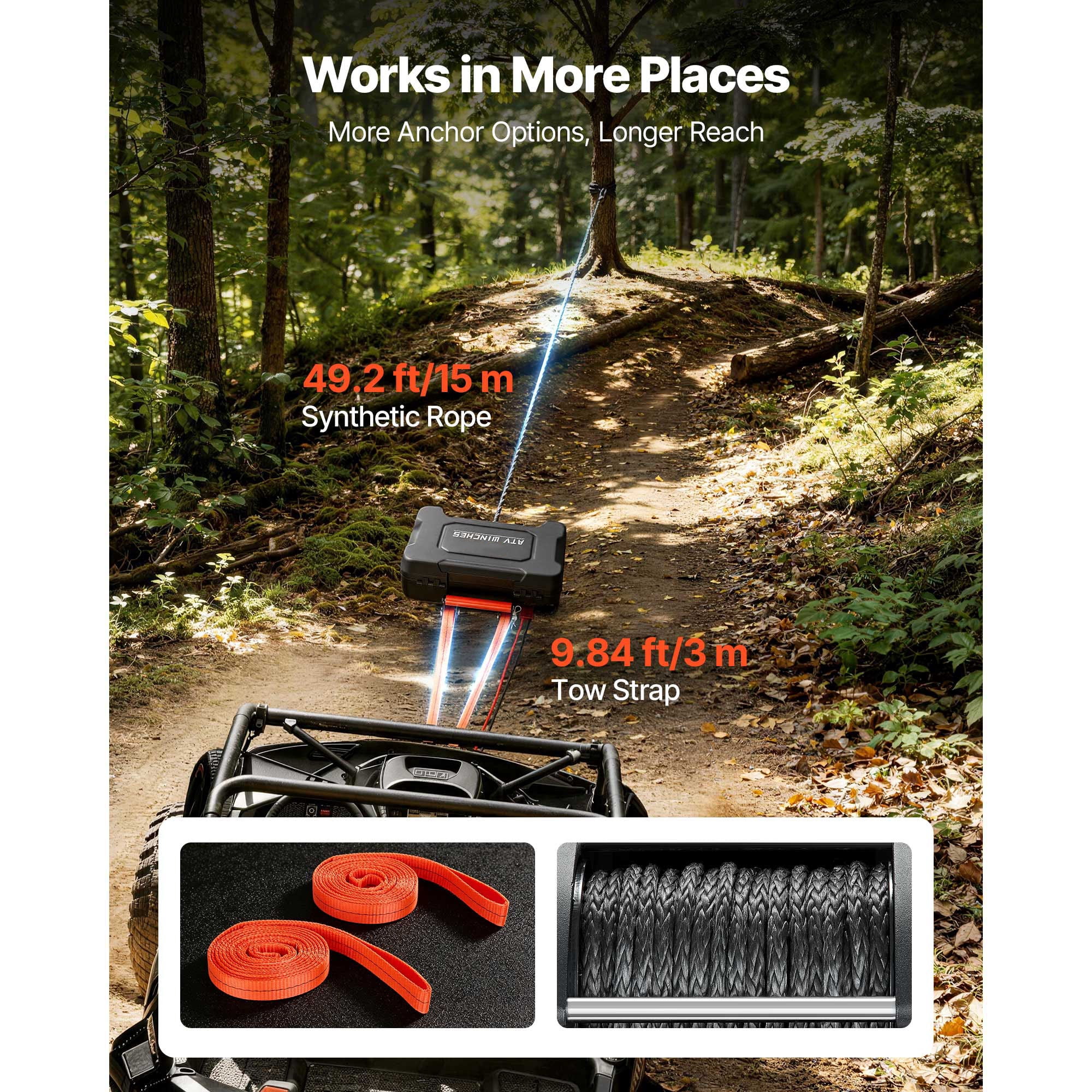 KFFKFF Portable 12V DC Electric Winch, 6000 lbs Capacity with Synthetic Rope, Wireless & Wired Remotes, Recovery Kit Including Fairlead, Hook, and Strap for ATV UTV Off-Road Pulling Applications