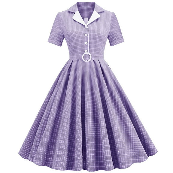 QLEICOM 1950's Dresses for Women Vintage, Contrast Suit Collar Cardigan Dress, Stretch Slim High Waist Swing Ball Dress, Christmas Lace Up Midi Dress, Audrey Hepburn Style Party Dresses Purple XXL
