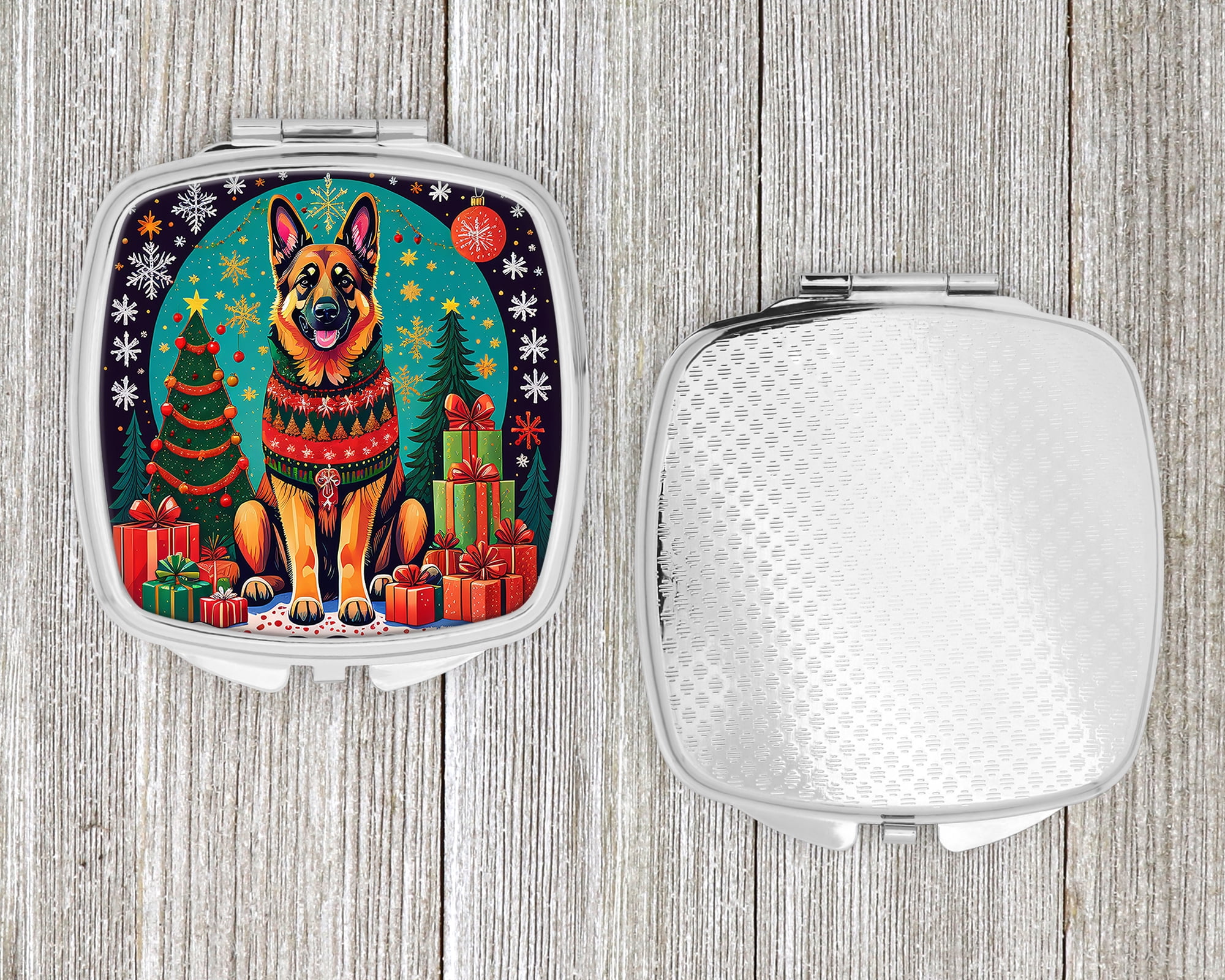 German Shepherd Christmas Compact Mirror 2.75 in x 3 in