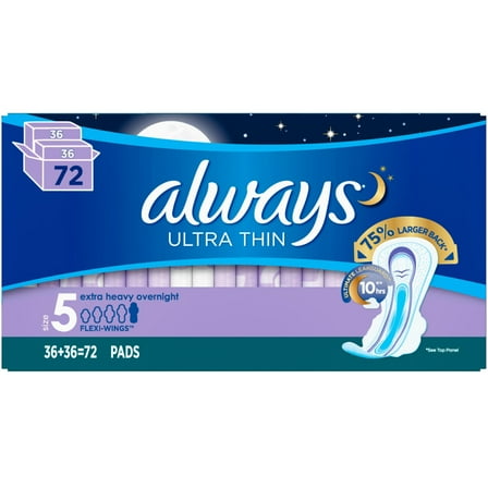 Always Ultra Thin Size 5 Extra Heavy Overnight Pads With Wings (72 Count)
