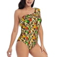 thumbnail image 3 of Zufioo Kittens With Maple Leaves Print One-shoulder Ruffled One-piece Swimsuit, High Elastic Integrated Removable Chest Pad Swimsuit Suitable for Beach, Pool and Vacation-Medium, 3 of 6