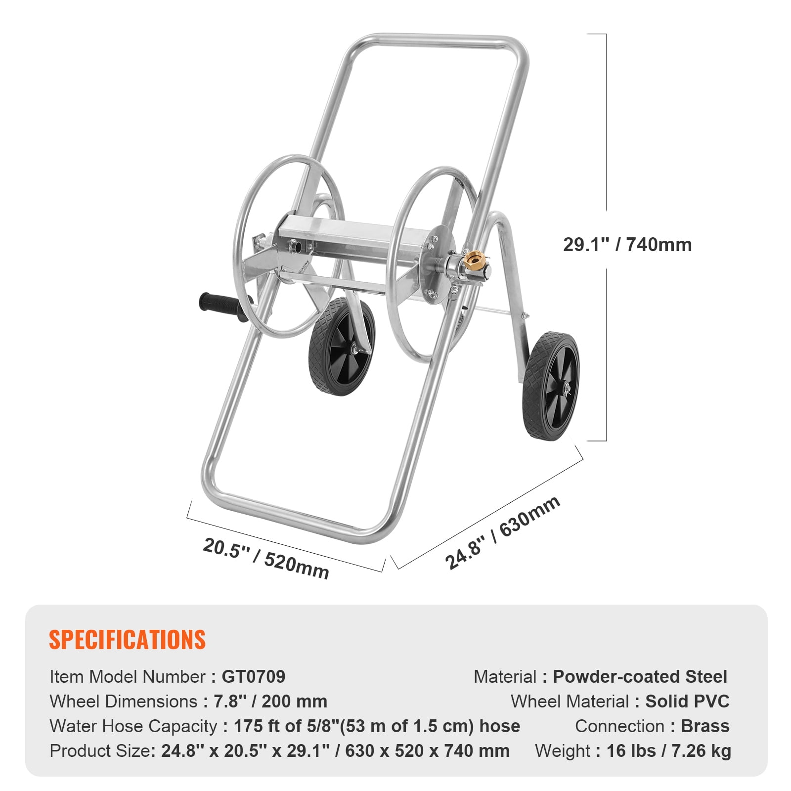 SKYSHALO Hose Reel Cart with Wheels, Carry Up To 175ft of 5/8’’ Hose, Portable Metal Hose Winder Suitable for Yard Planting & Garden