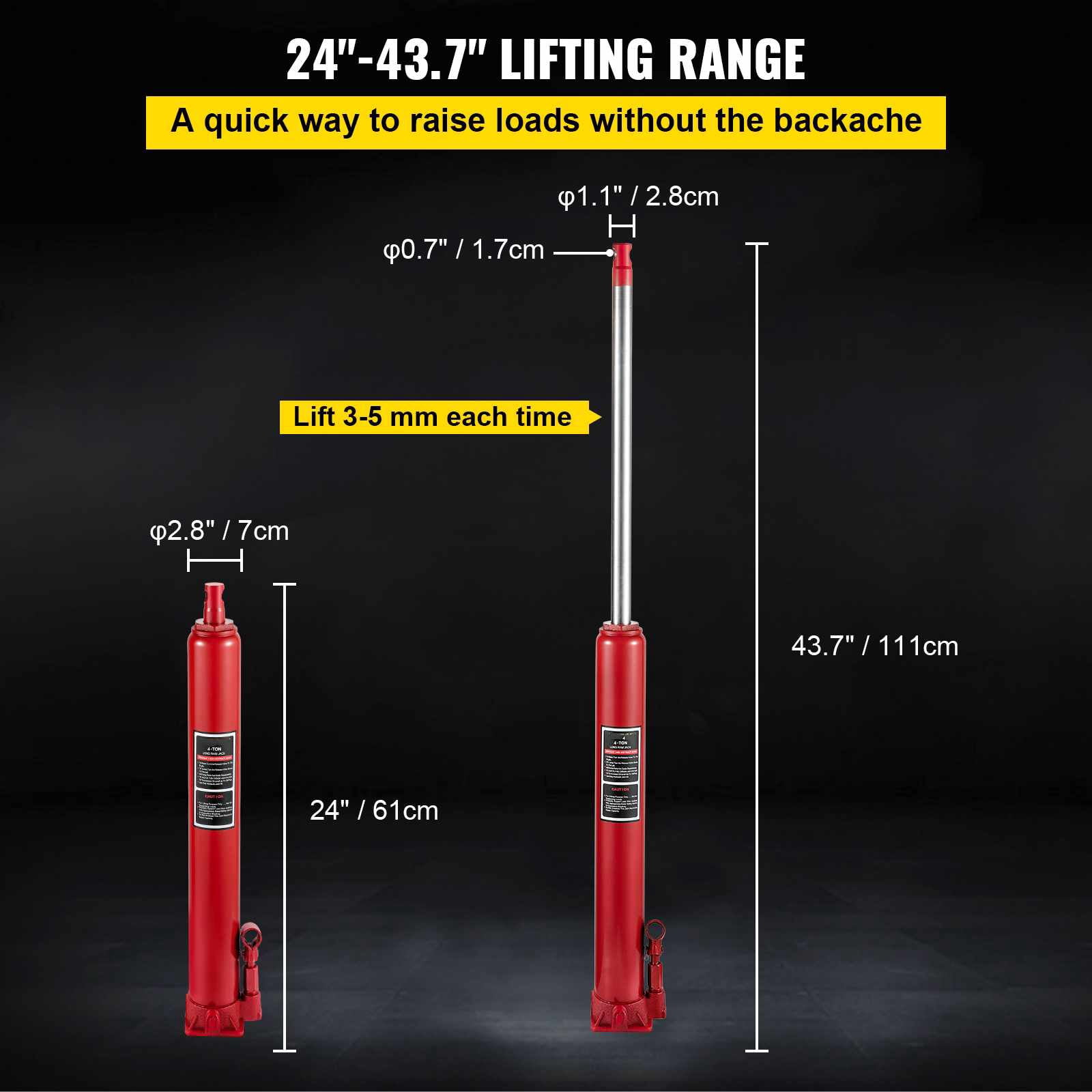 VEVOR Hydraulic Long Ram Jack, 4 Tons/8818 lbs Capacity, with Single Piston Pump and Flat Base, Manual Cherry Picker w/Handle, for Garage/Shop Cranes, Engine Lift Hoist, Red