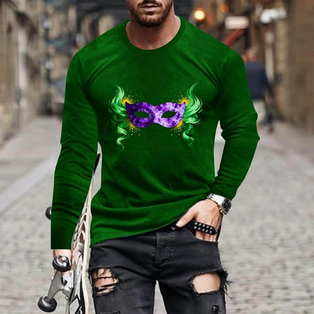 Ceisia Men's Mardi Gras Mask Print T-Shirt | Slim Long-Sleeve Crewneck Winter Casual Top Gift