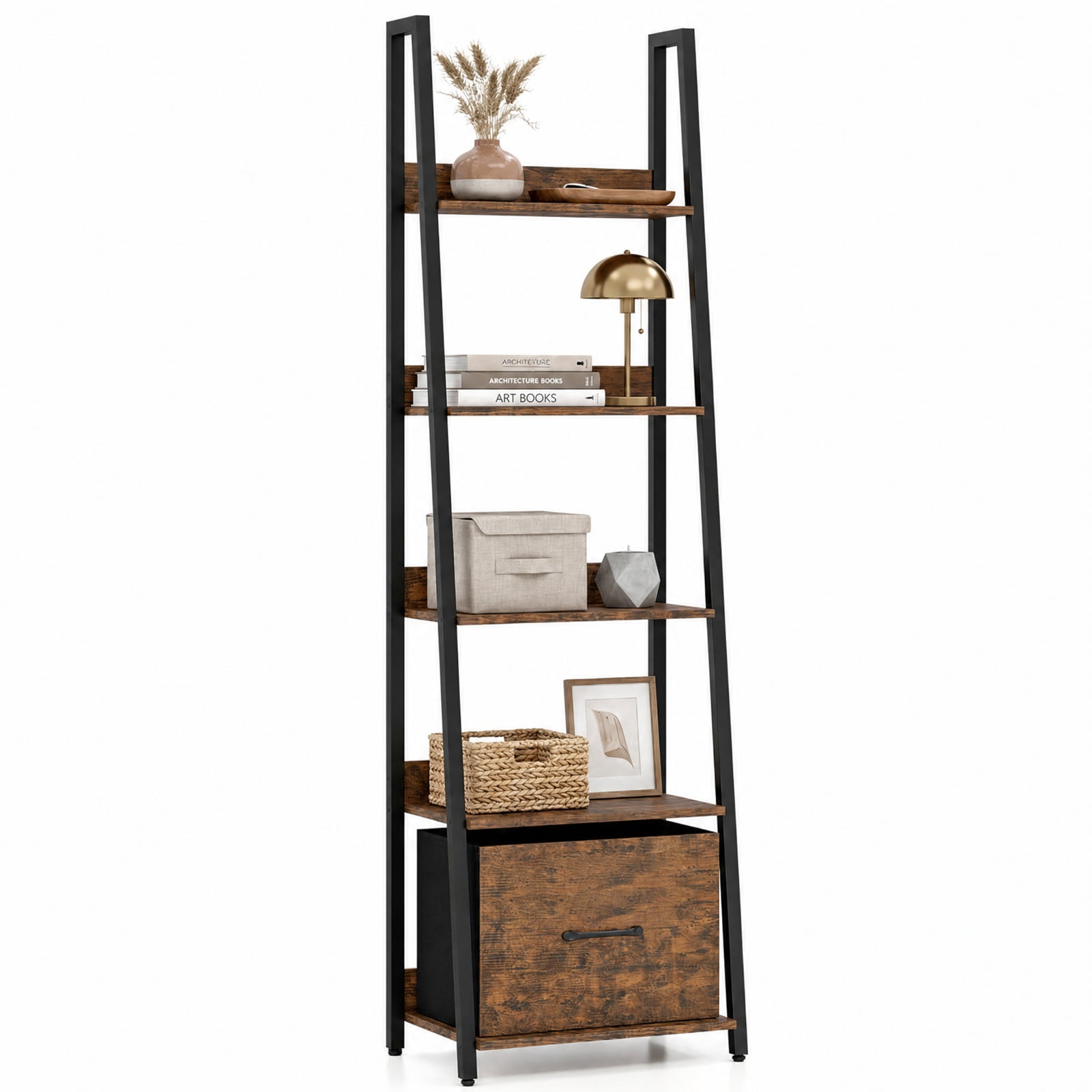Furnibear 5-Tier Ladder Bookshelf with Fabric Drawer for Living Room and Home Office for Living Room Home Office Bedroom Display, Rustic Brown