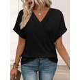 thumbnail image 4 of Womens Short Sleeve Sweater Waffle Knit Tops V Neck Spring Summer T Shirts Casual Blouses Outfits Black XL, 4 of 8