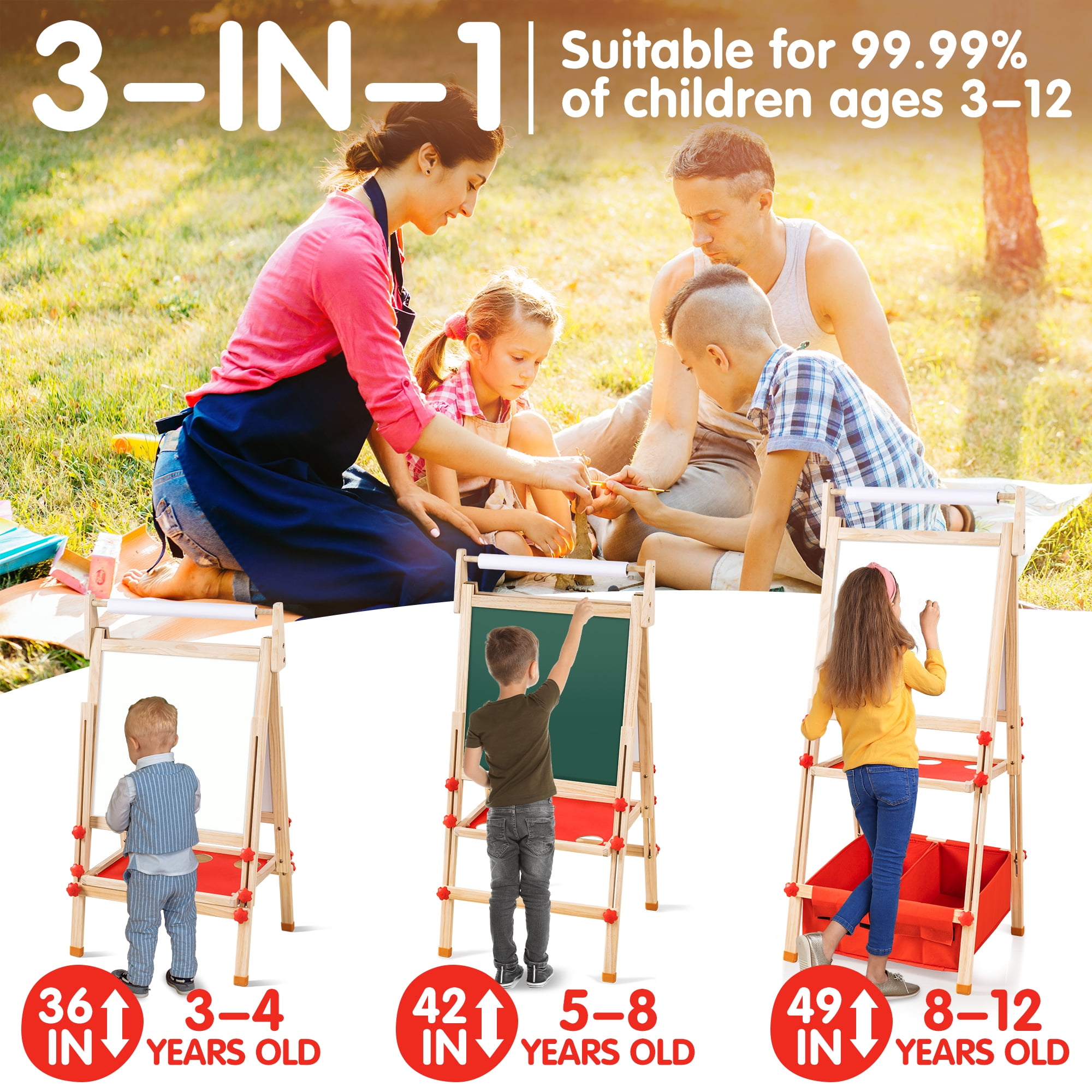 Finenolo All-in-One Art Easel Kids Easels for Kids, Height Adjustable Wooden Art Easel with Paper Roll  for Toddlers 2-4 Years and Magnetic Double Sided Art Easel for Kids Ages 4-8