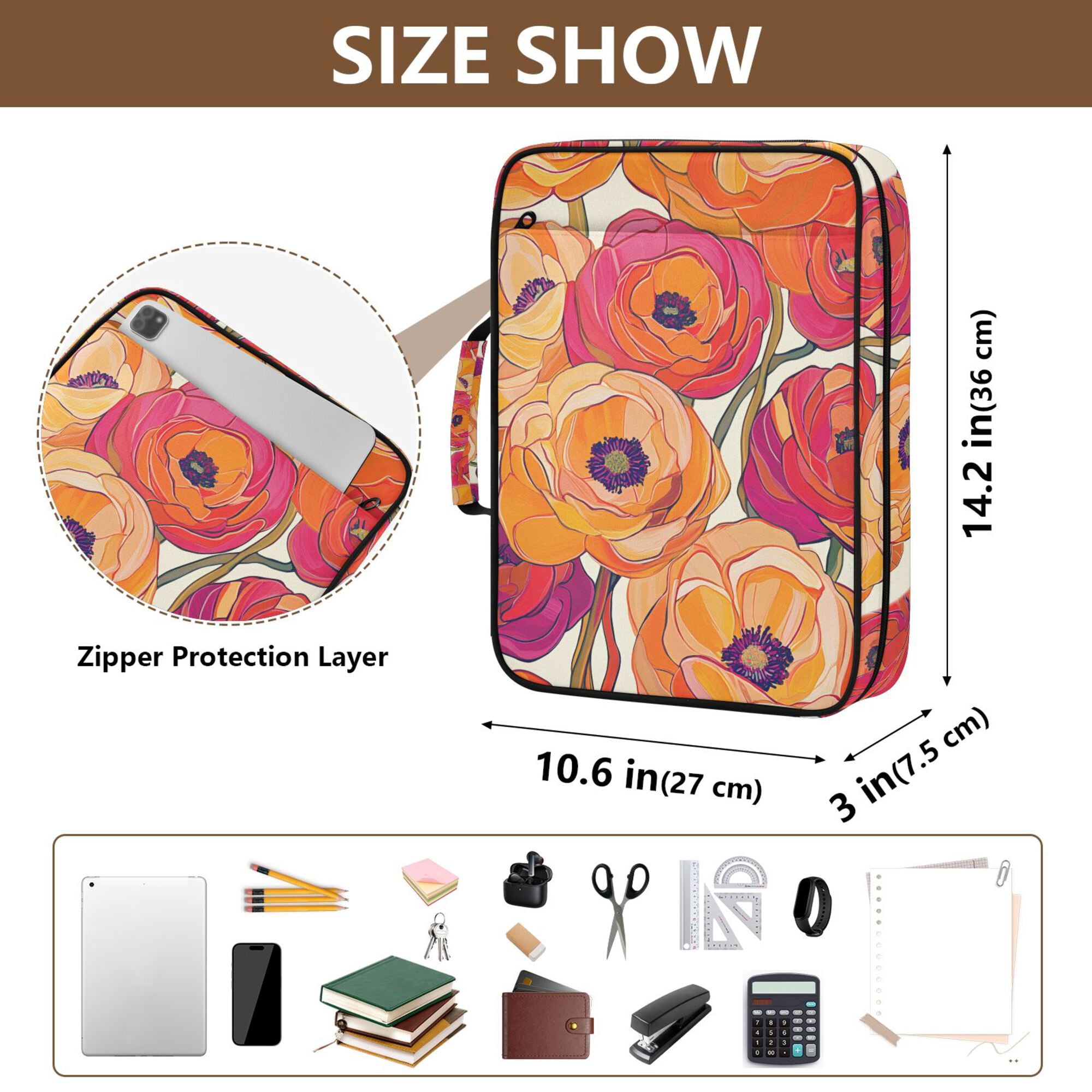 FORMRS Accordion File Folder A4 Size 7-Pocket Expanding Document Organizer Bag with 3 Ring Binder, Orange Hand Drawn Floral