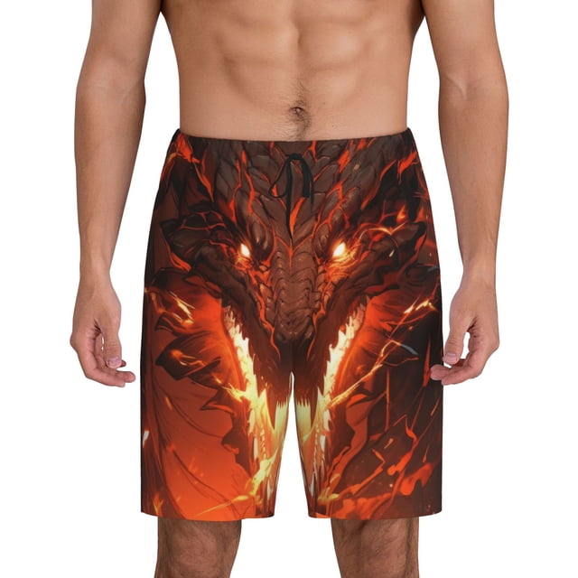 Balery Magma Fire Black Dragon Pantalones cortos de pijama de punto de algodón para hombre con cinturilla y bolsillos-Large