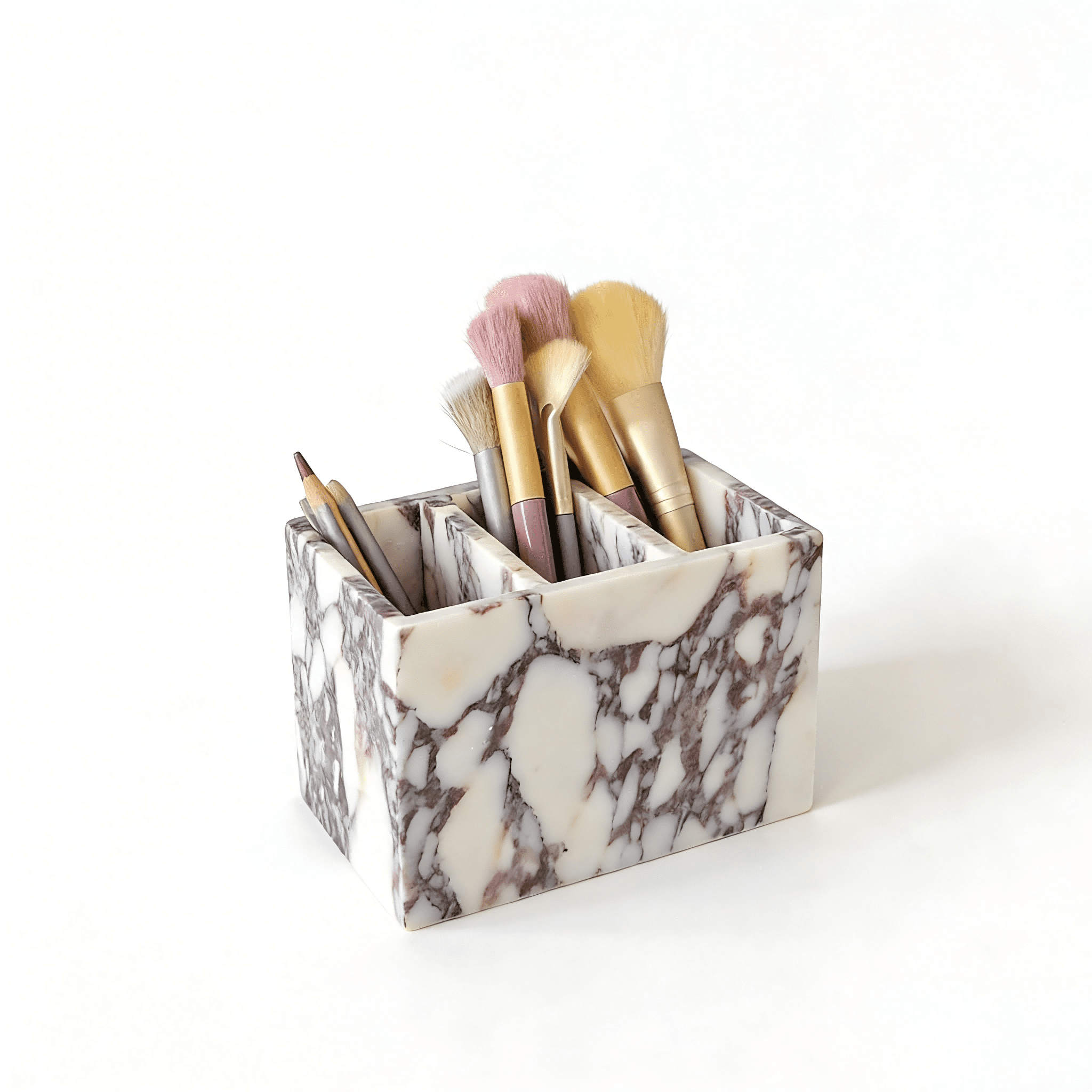Artisanal Abode Marble Pen Holder, White Stone Rectangular Desktop Organizer, Office Study Makeup Brush Storage, Home Desk Decor, Minimalist Design, Durable Marble Accessory