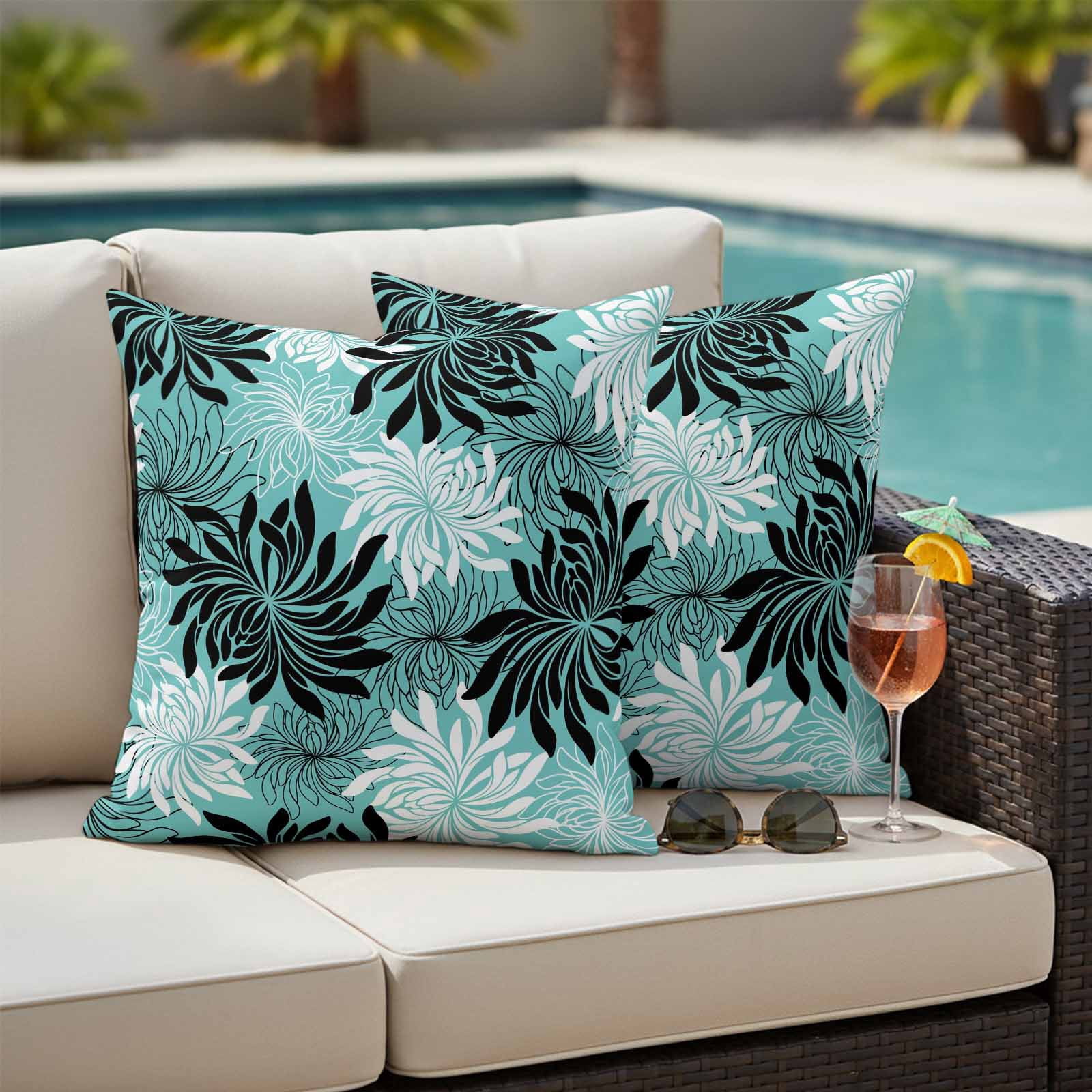 Teal Black Flowers Outdoor Waterproof Throw Pillow Covers 18x18 Set of 2, Modern Abstract Blooms Floral Decorative Pillowcases Cushion Pillowcase for Couch Sofa Patio Outside Pillow Protector