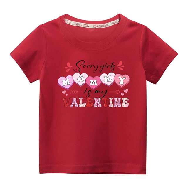 Penkiiy Haut à Manches Courtes pour Enfants Garçons Filles Mode Mignon Couleur Unie Col Rond Imprimé Cœur Saint-Valentin 7-8 Ans Rouge
