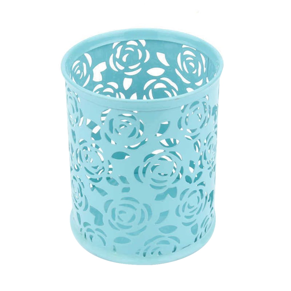 Hollow Rose Flower Pattern Brush Pot Holder Organizer Iron Round