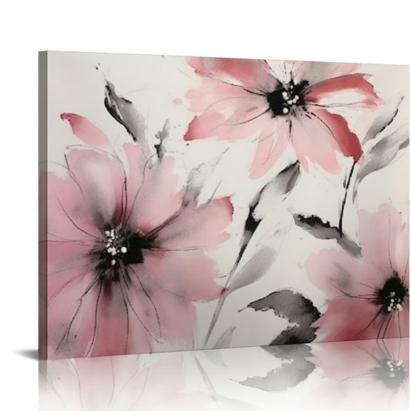 Fenyluxe Pink Flowers Wall Decor for Bathroom, Ready To Hang Home Art Print On Canvas 16x12in