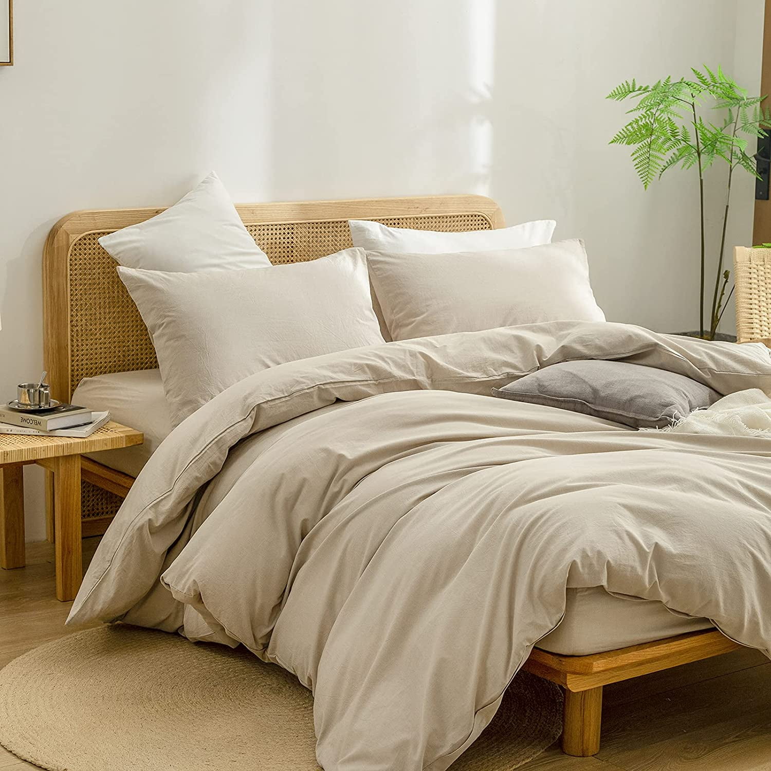 BESTOUCH Duvet Cover Set Oversized King 100% Washed Cotton Linen Feel Soft Chic Lightweight 3Pcs (Almond Milk Grey, 120"x98")
