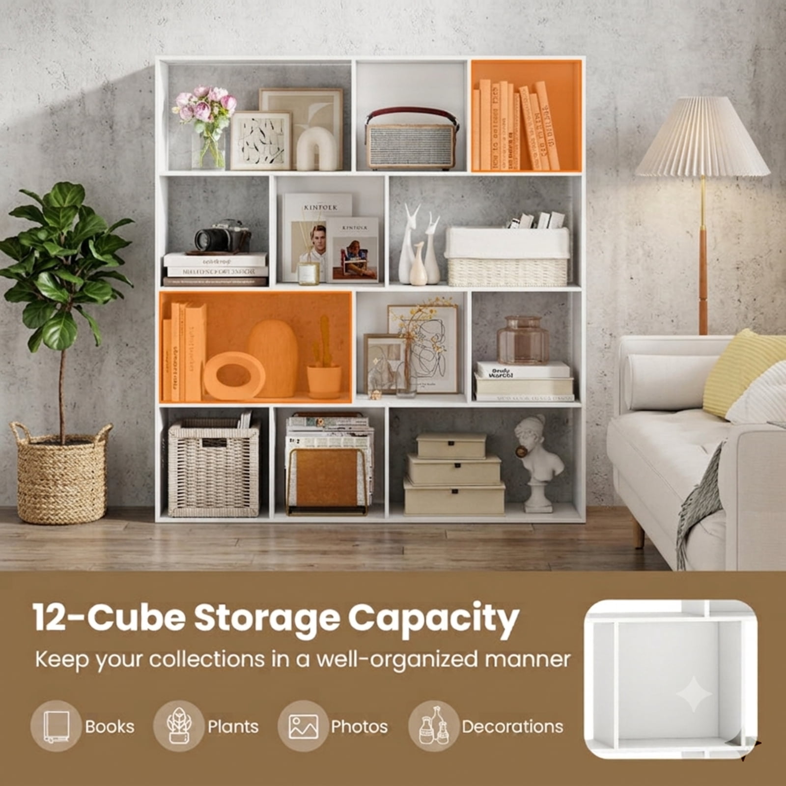 Furnibear Open Shelf Bookcase 4-Tier Large Bookshelf with 12 Storage Compartments and Anti-Tipping Kits for Home Office, White
