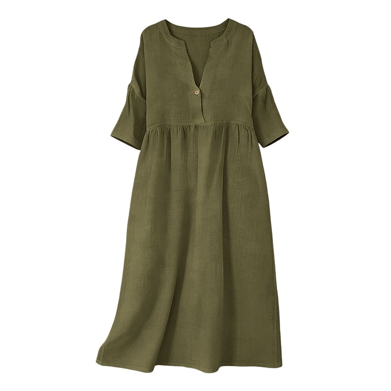 classy linen dresses YUGYXL Linen Dresses for Women Elegant Classy Maxi 3/4 Sleeve V-Neck Summer  Dress Womens Boho Vacation Casual Outfits Red M