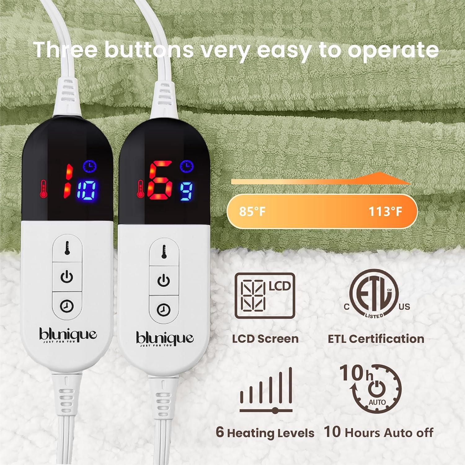 BAO Heated Blanket Electric Blanket King Waffle, 90x100 Inches Dual Controllers Sherpa Fleece Fast Heating Blanket 6 Heating Levels & 10 Hours Auto Off ETL Certification, Sage King