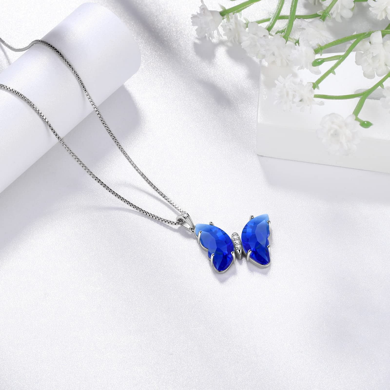 Blue Butterfly Necklace Sapphire September Birthstone Necklace Pendant 925 Sterling Silver Women Birthday Mother's Day Gifts Crystal Jewelry Juwaliy